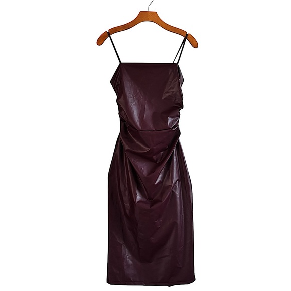 NWT CHERLEY Burgandy Vegan Leather Lace-Up Midi Dress Size M - Picture 1 of 11